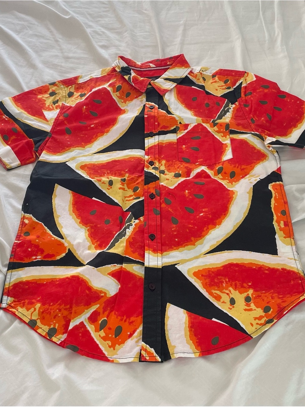 Men's Watermelon Print Short-Sleeve Button-Up Shirt - Red/Black